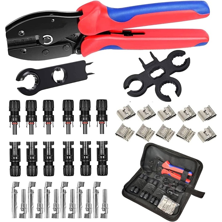 Kit de sertizare conectori cablu solar 4-6 mm², pentru panouri solare, cu 6 perechi conectori MC4 tata/mama, cleste de sertizare, chei pentru conector, cu husa de depozitare si transport