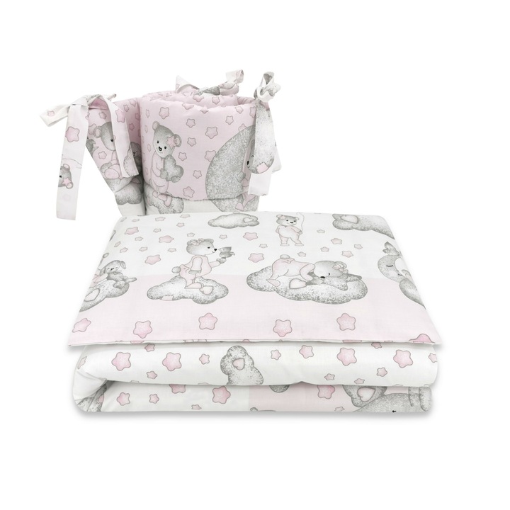 Ágynemű, Qmini, 3 db, Oldalvédővel, Pamutból, Kiságyhoz 120x60 cm, Teddy Bear with Pink Heart