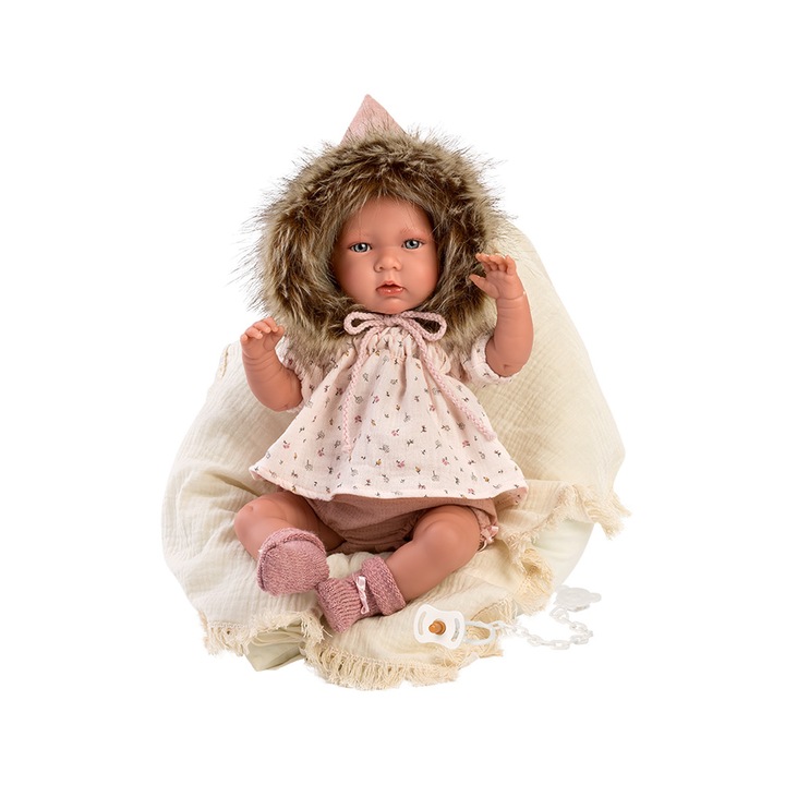 Papusa Llorens, Mimi, cu sunete, paturica alba, 42 cm