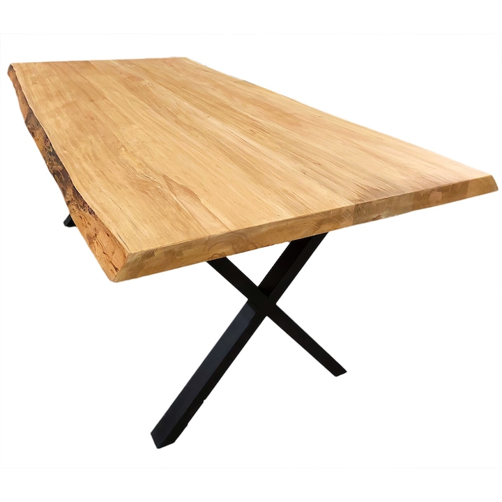 Masa Lemn Masiv FAG, LemnBella, margini naturale, Picioare din metal negru, 200 x 90 x 75 cm, grosime 5 cm