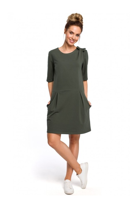 Дамска рокля, С джобове, Памук, Еластан, Зелена, S