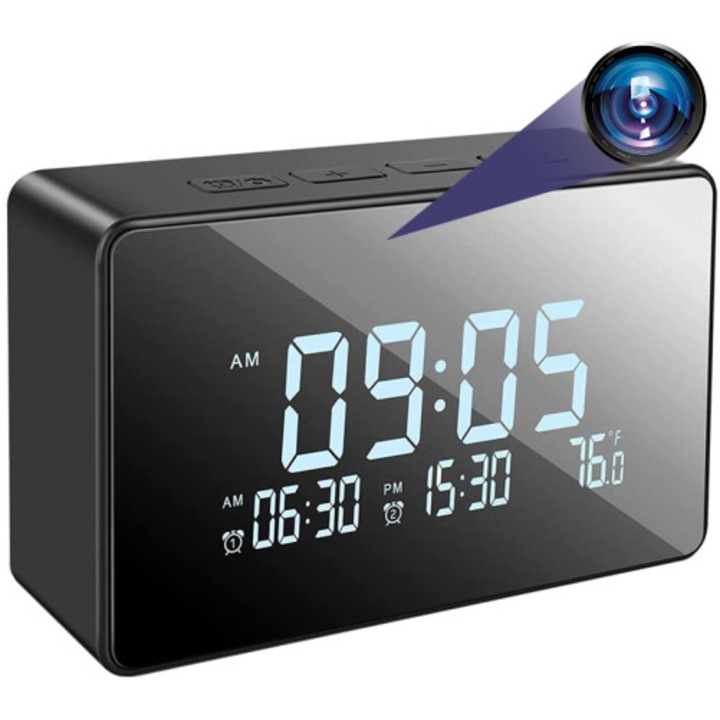 Asztali óra Kémkamerával iUni IP61, Full HD, Wi-Fi, Éjjellátó, Beltéri hőmérő