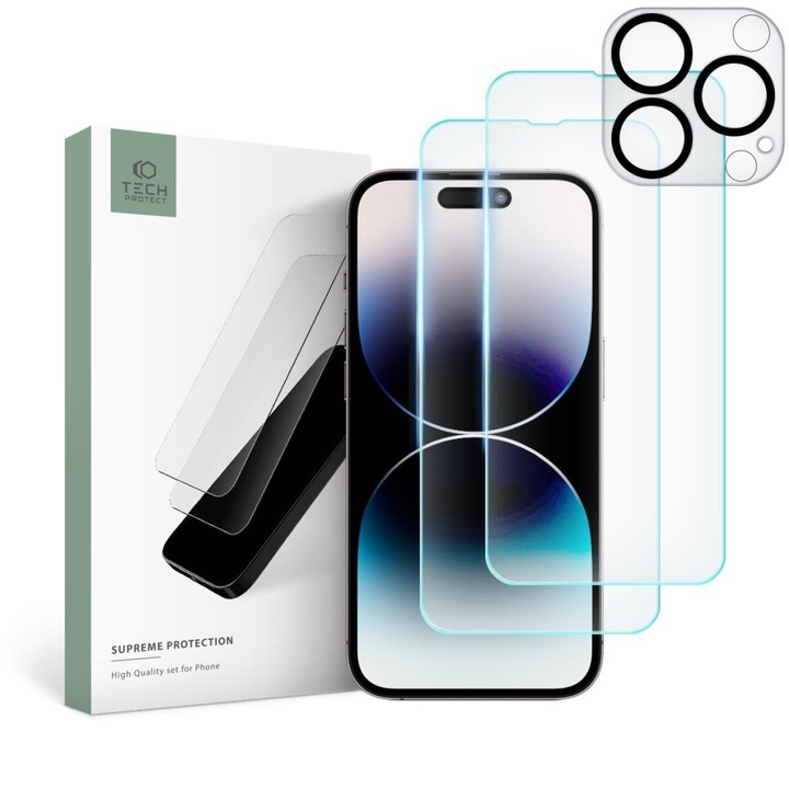 Стъклен протектор TECH-PROTECT 3в1, SUPREME SET за iPhone 14 Pro, Clear