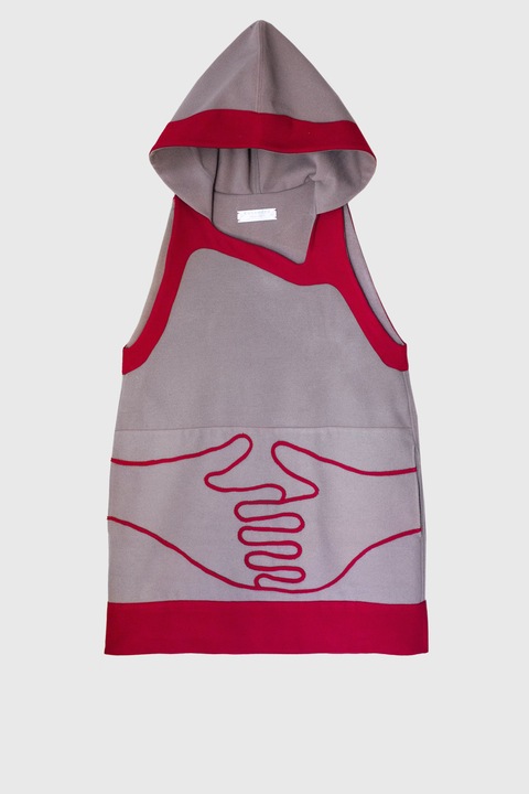 Hanorac lung Ruxandra, gri cu detalii rosii