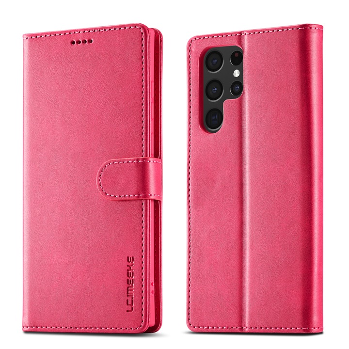 Капак за Samsung Galaxy S24 Ultra, CaseMe, кожа, тип портфейл, магнитно закопчаване, стойка, мека опора в цвета на капака, Розов цвят