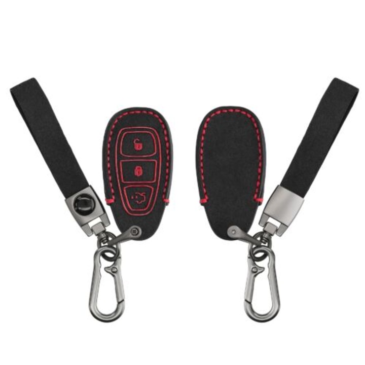 Autókulcs borítás Ford 3 gombokhoz - Keyless Go, Kwmobile, fekete/piros, öko-bőr, 57346.02