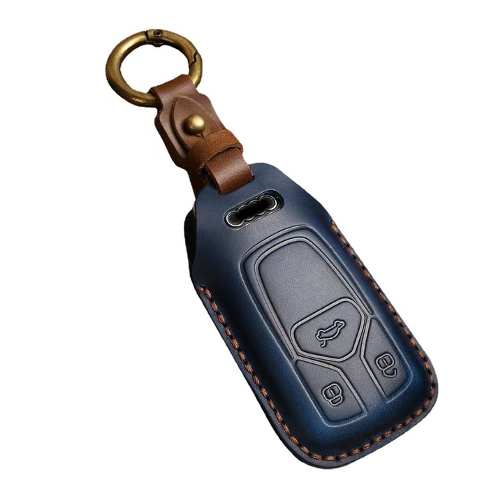 Husa cheie 3 butoane Audi A4 B9, din piele naturala, albastru