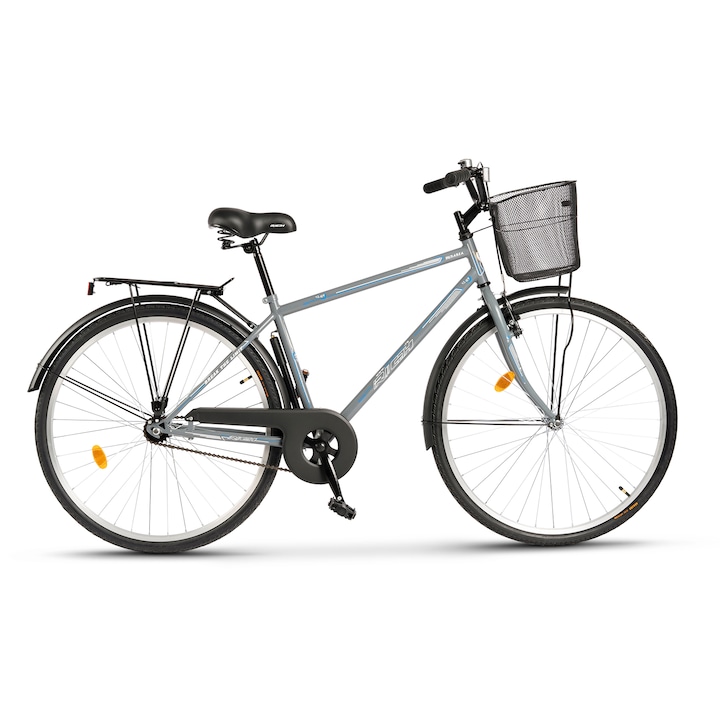 Градски велосипед с 28" колела, багажник, кош, торпедо задна спирачка/V-образна спирачка отпред, 1 скорост, сиво/синьо, градски велосипед Rich Genius DUNAREA за мъже, размер M