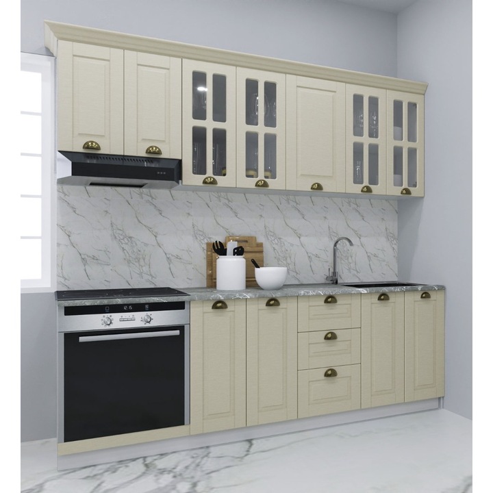 Set bucatarie cu soft-close si fronturi MDF, Badenmob, L220x60cm, Sertare, Fag Rustic