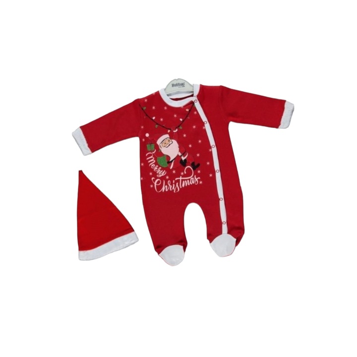 Set 2 piese Craciun, StarFashion, salopeta si caciula, pentru bebelusi, rosu, 3 luni