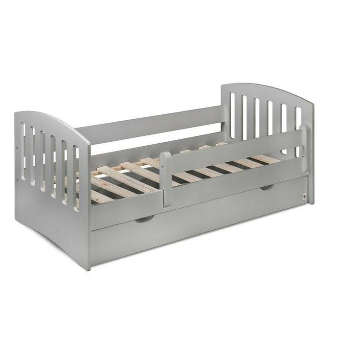 Patut, YappyKids, YappyLux, junior cu sertar compartimentat, din lemn, Cu laterala de protectie, 160x80 cm, Gri