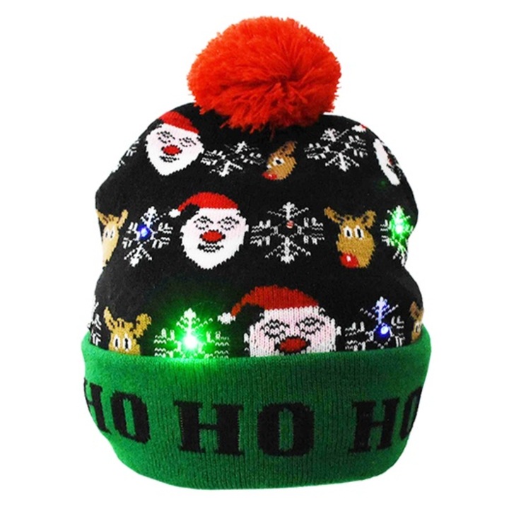 Ünnepi sapka LED fényekkel be/ki és téli/karácsonyi nyomtatással, Ho Ho Ho, Unisex, Egy Méret, többszínű