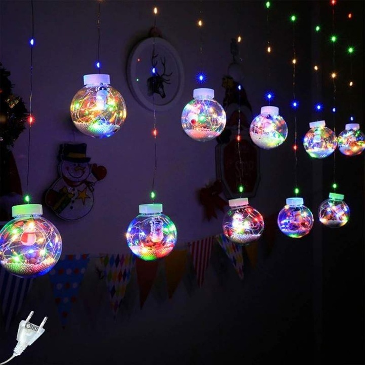 Instalatie Craciun SIKS, Perdea Cu Globuri Luminoase, 10 Figurine, Lungime 3 Metri, Alimentare Priza, Multicolor