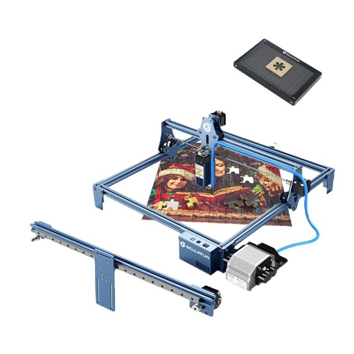 Гравираща машина SCULPFUN S9, 90 W, Плоча / Въздушна помпа / Водач, Син