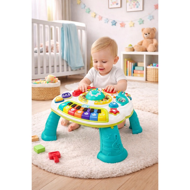 Masuta Interactiva Muzicala idealSTORE, Include Pian cu Diverse Melodii, Microfon, Panou Detasabil, Baterie Reincarcabila, Conectare cu Telefon prin Bluetooth, Volum Reglabil, Dezvolta Imaginatia Copilului