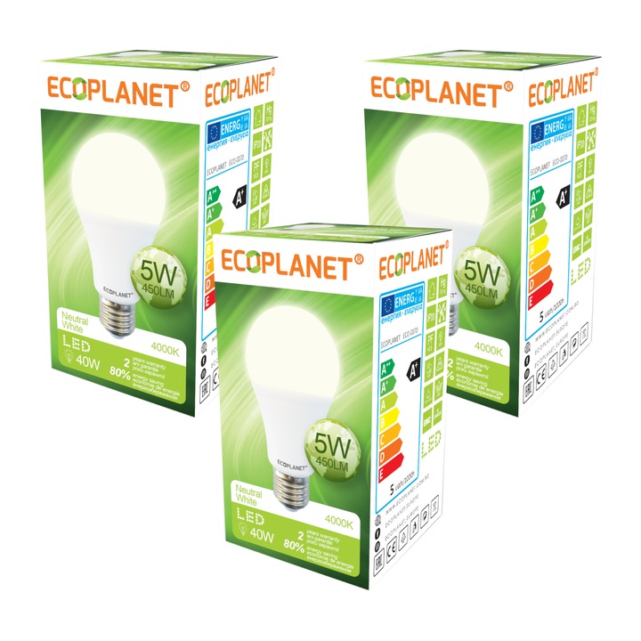 Set 3 buc - Bec LED Ecoplanet, E27, 5W (40W), 450 LM, F, lumina neutra 4000K, Alb, Mat