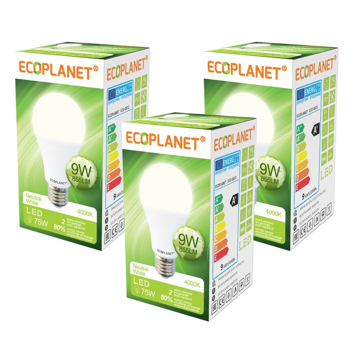 Комплект от 3 броя - Ecoplanet LED крушка, E27, 9W, 75W, 855 LM, F, неутрална светлина 4000K, бяла, матова