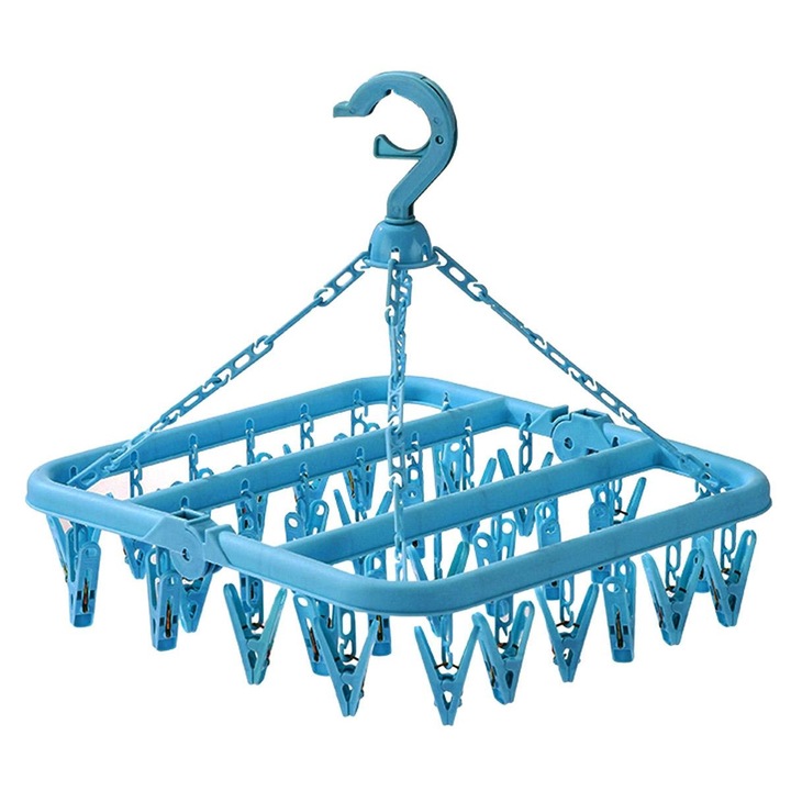 Uscator pentru lenjerie si sosete, Zola®, cu 32 clesti, plastic, 32.5x32.5 cm, albastru