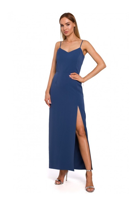 Rochie de dama MOE, Cu decolteu in V, Poliester, Elastan, Albastru