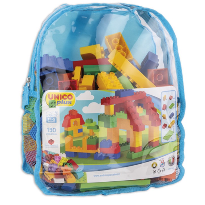 Rucsac caramizi constructie, UNICO, 150 piese, 27x34x11cm, Multicolor