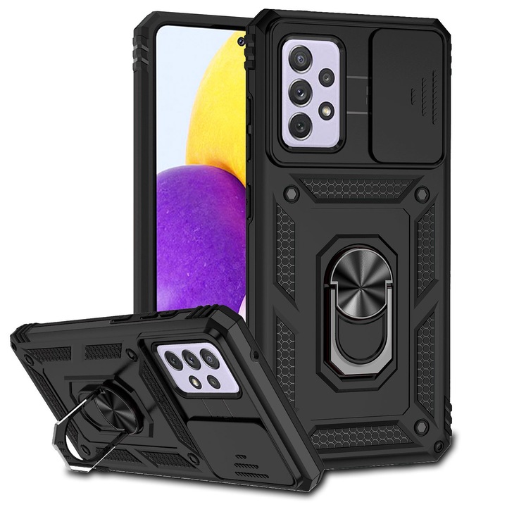 Husa telefon Silicon de protectie pentru Samsung galaxy A52 / galaxy A52S camshield pro armor rugged Stativ Ring, Negru