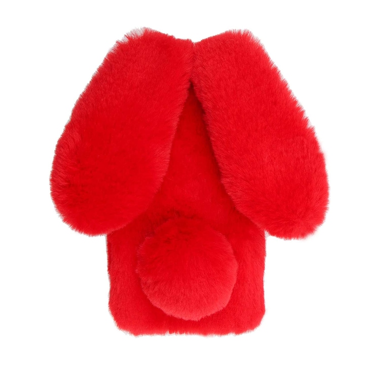 Калъф Fluffy Bunny, съвместим с Apple iPhone 12 / 12 Pro, във формата на пухкаво зайче, с уши и опашка, изкуствен косъм, червен