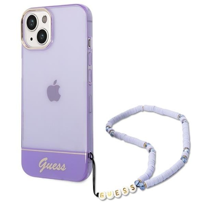 Husa Guess GUHCP14MHGCOHU compatibila cu iPhone 14 Plus, Translucent Pearl Strap, Mov / Transparent