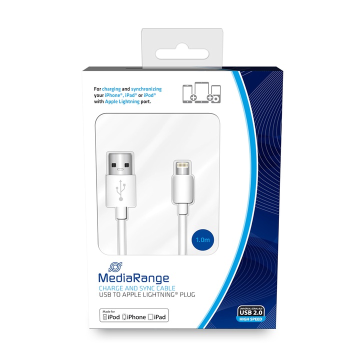 MediaRange töltő és szinkronizáló kábel, USB 2.0, Apple Lightning®, 1 m, fehér