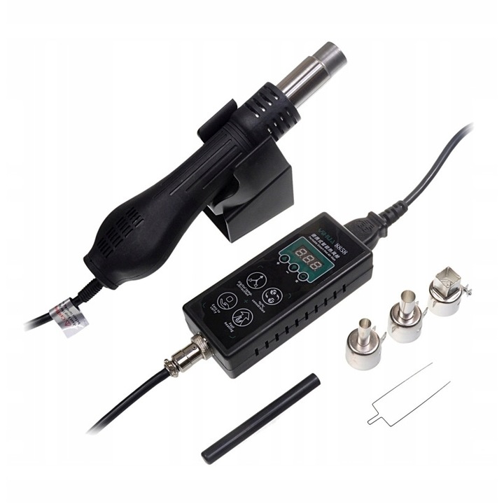 Set Statie De Lipit Cu Accesorii, Diolut, 8858, Putere: 700 W, Reglare Temperatura: De La 100°C La 480°C, Flux De Aer: 120 L/Min, Greutate: 0,7 Kg, Dimensiuni: 26 x 11,5 x 8,5 cm, Culoare: Grau