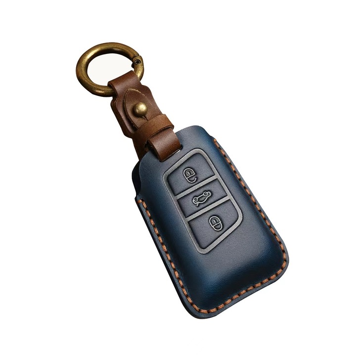 Husa cheie VW Passat Golf 7 Skoda Superb, din piele naturala, AUTOTOB®, albastru