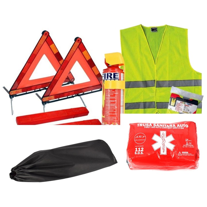 OMC Автомобилен комплект за безопасност - 2 светлоотразителни триъгълника, пожарогасител, комплект за първа помощ, светлоотразителна жилетка, чанта за съхранение