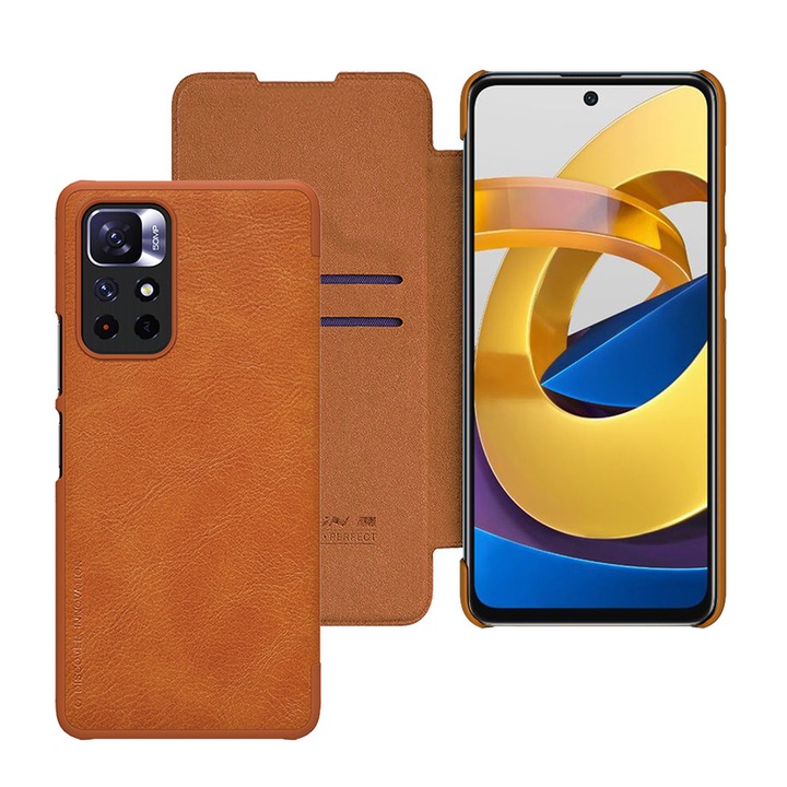 Защитен калъф за Xiaomi Poco M4 Pro 5G, Precision Cut, QIN Leather Case, O6789, Metal, Brown