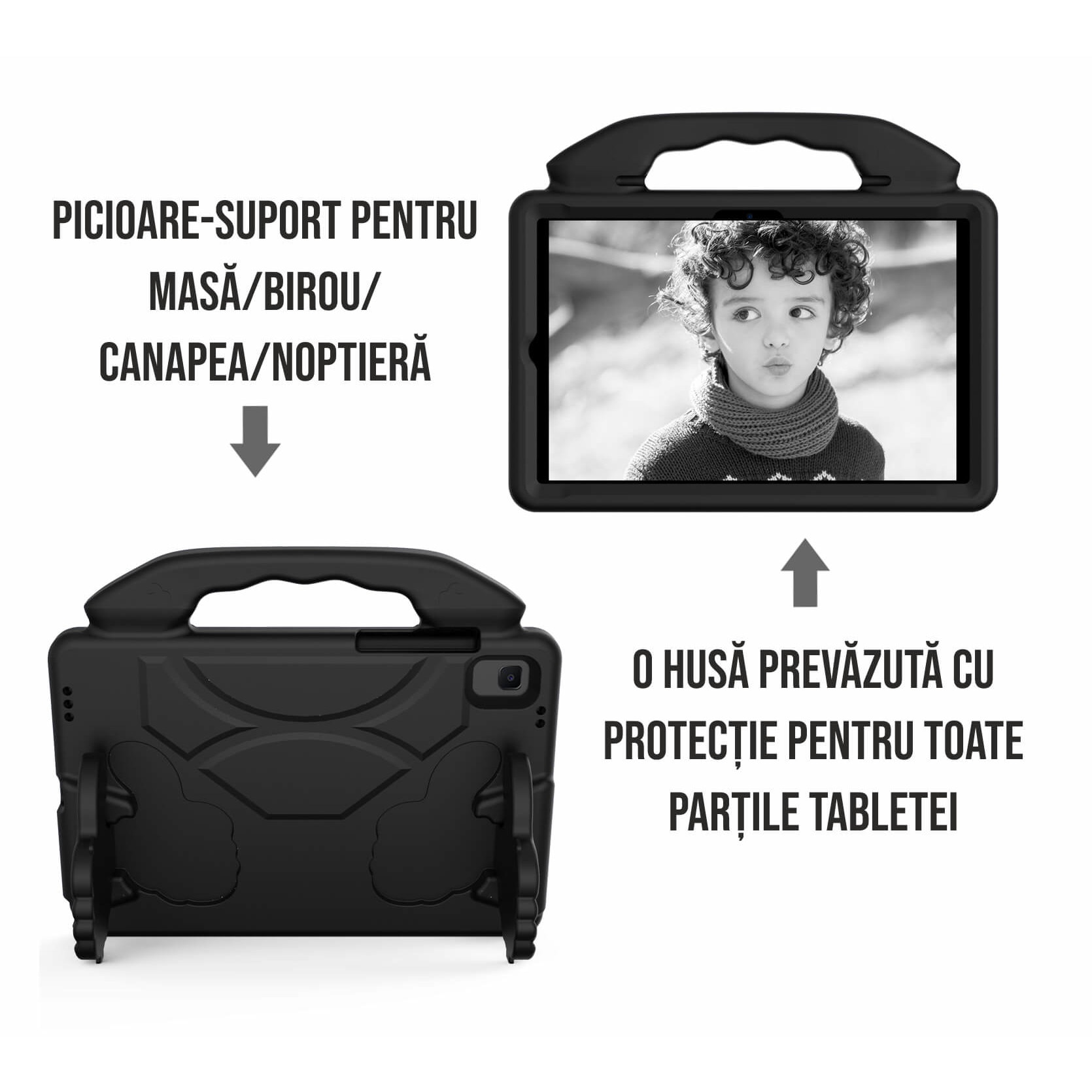 Husa De Protectie Pentru Tableta Pentru Copii, Ideas4Comfort®, Husa Tableta Antisoc, Burete Gros Rezistent, Compatibila Samsung Tab A7 T500 10.4 Inch, Si Tab A8 X200 10.5 Inch, Protectie La Lovituri, Usoara Si Comoda, Decupaje Butoane Si Porturi, Negru