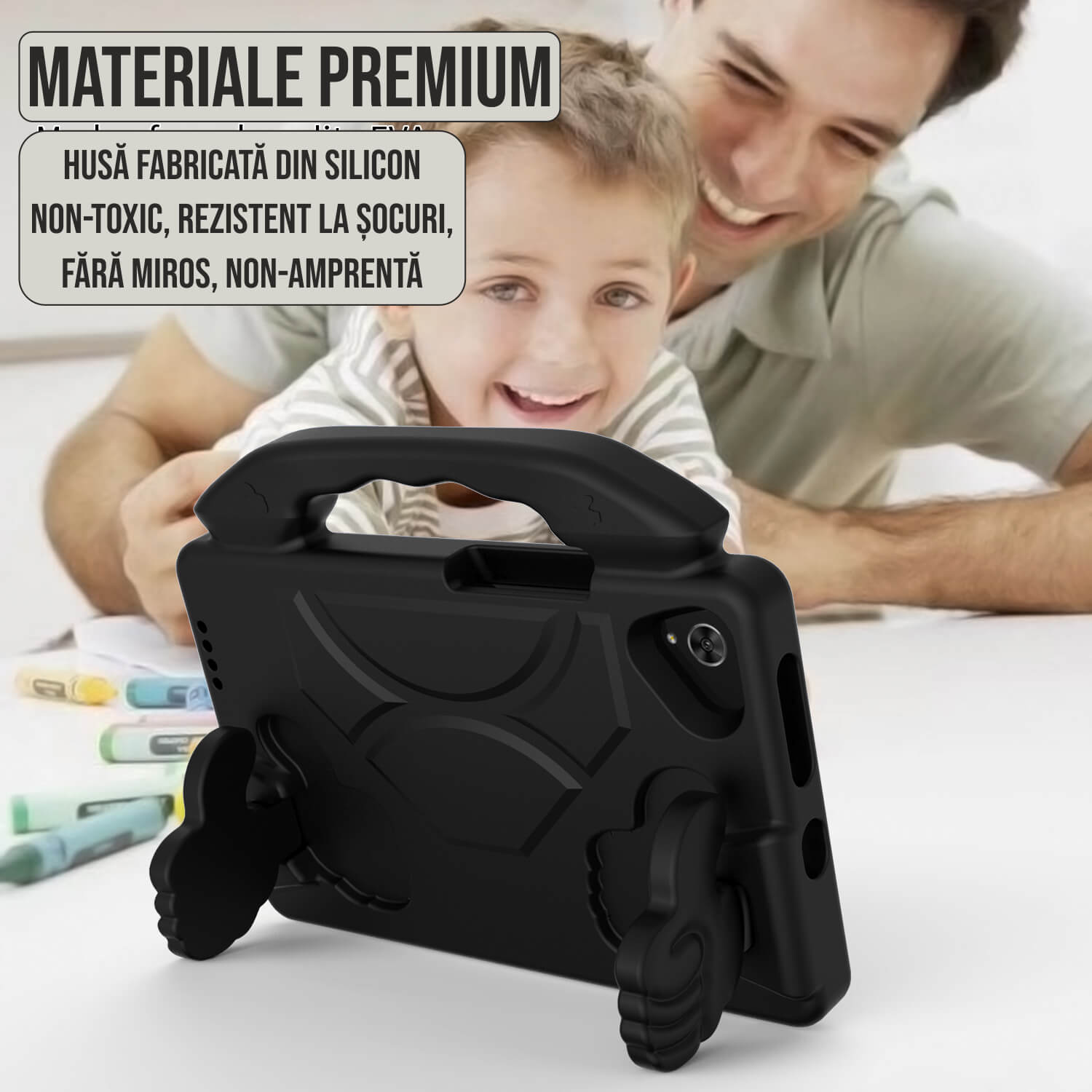 Husa carcasa tableta pentru copii compatibila cu Samsung Tab A7 Lite 8.7" T220, T225, Tab A T290, T29 2019 8.0 inch, Ideas4Comfort®, protectie burete antisoc rezistenta la lovituri, negru