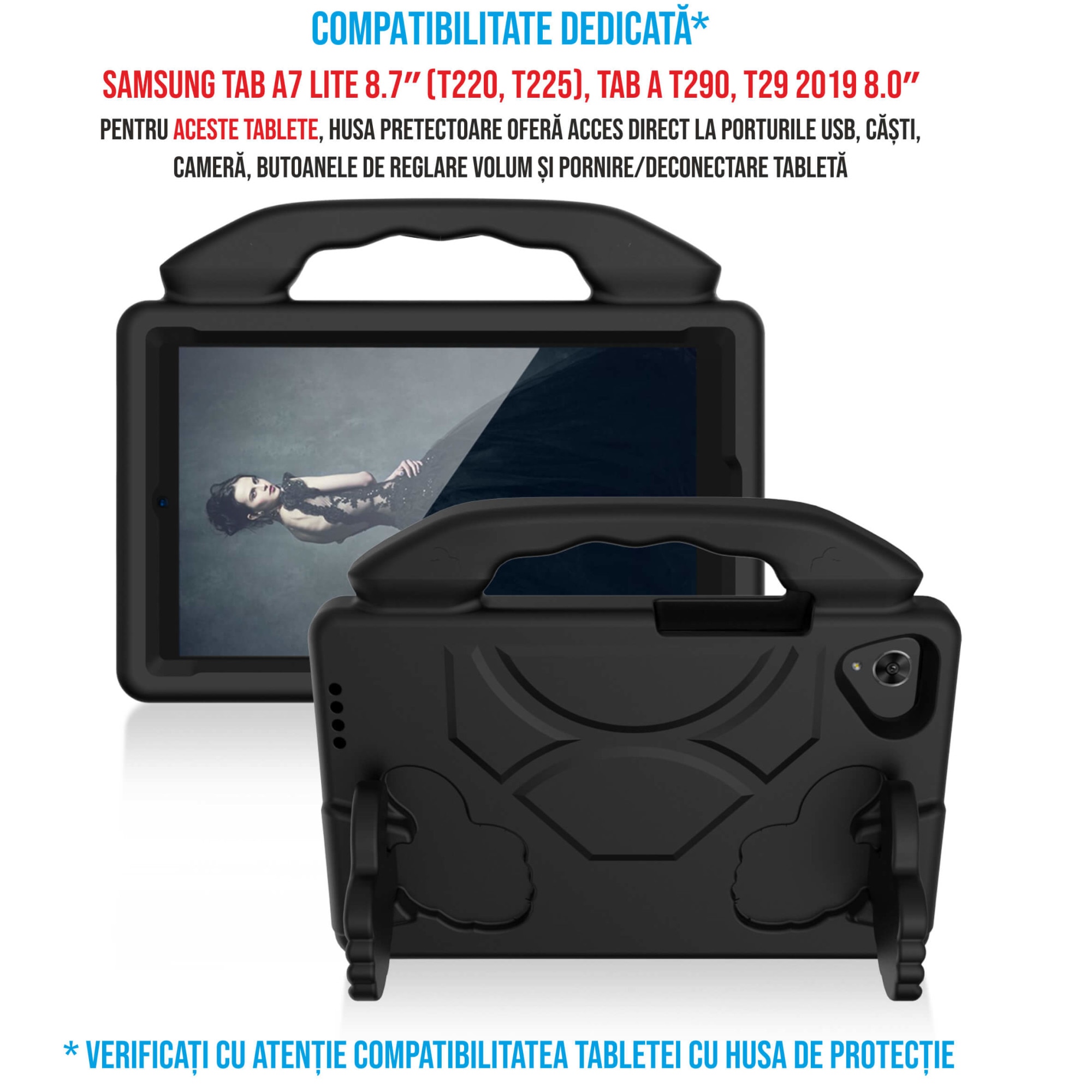 Husa carcasa tableta pentru copii compatibila cu Samsung Tab A7 Lite 8.7" T220, T225, Tab A T290, T29 2019 8.0 inch, Ideas4Comfort®, protectie burete antisoc rezistenta la lovituri, negru