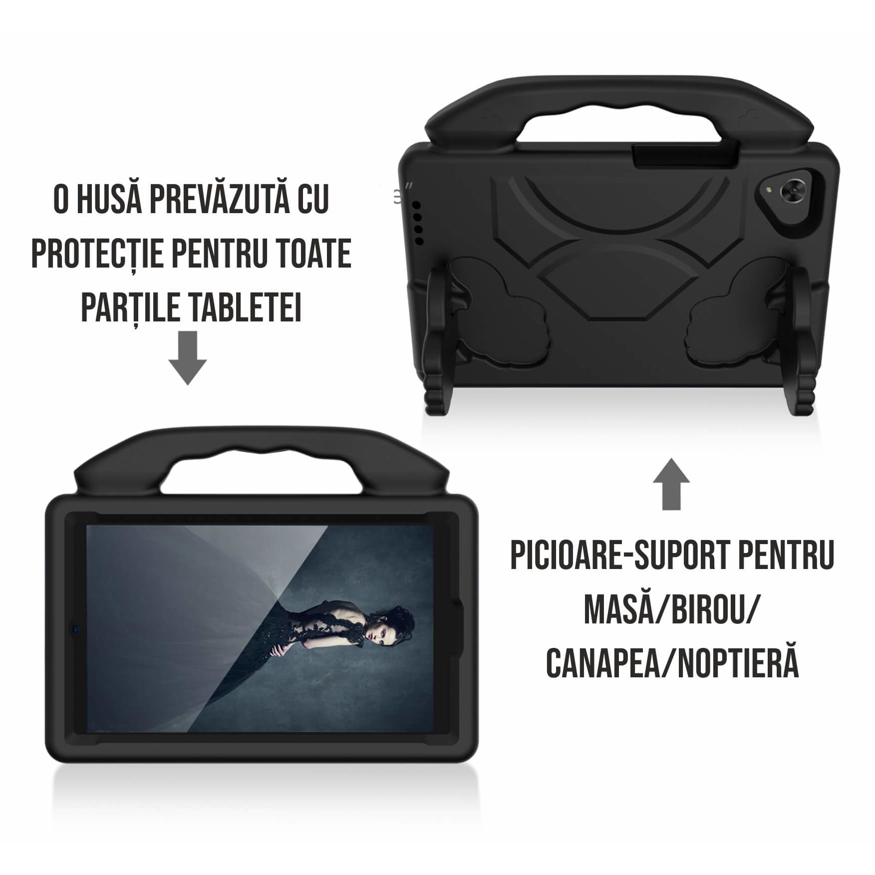 Husa carcasa tableta pentru copii compatibila cu Samsung Tab A7 Lite 8.7" T220, T225, Tab A T290, T29 2019 8.0 inch, Ideas4Comfort®, protectie burete antisoc rezistenta la lovituri, negru