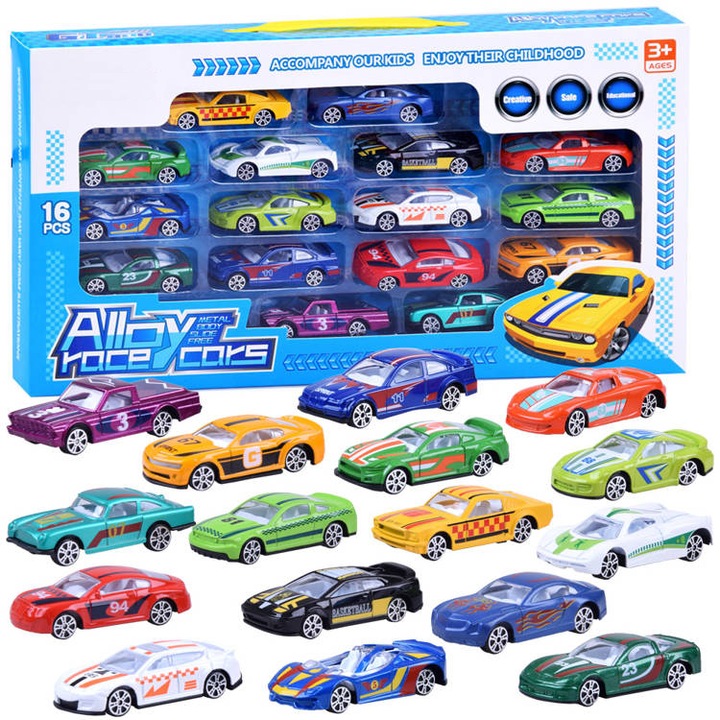 Set masinute din aliaj metalic si plastic ISP "Likesmart Alloy Race Cars", 16 masinute, Multicolor