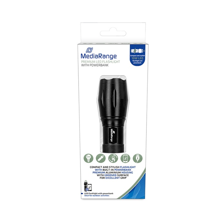 Фенер MediaRange, LED, с powerbank, 1800 mAh, 10W, черен