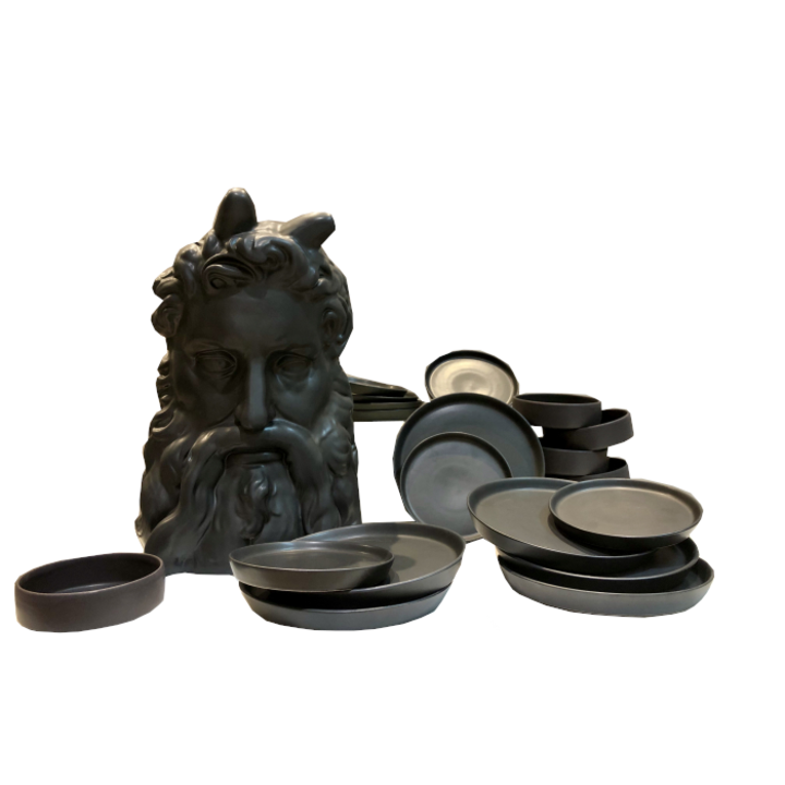 Set 18 farfurii Ceramica Vulcano, Glazurat Manual, Negru mat, 20 x 26 x 20 cm