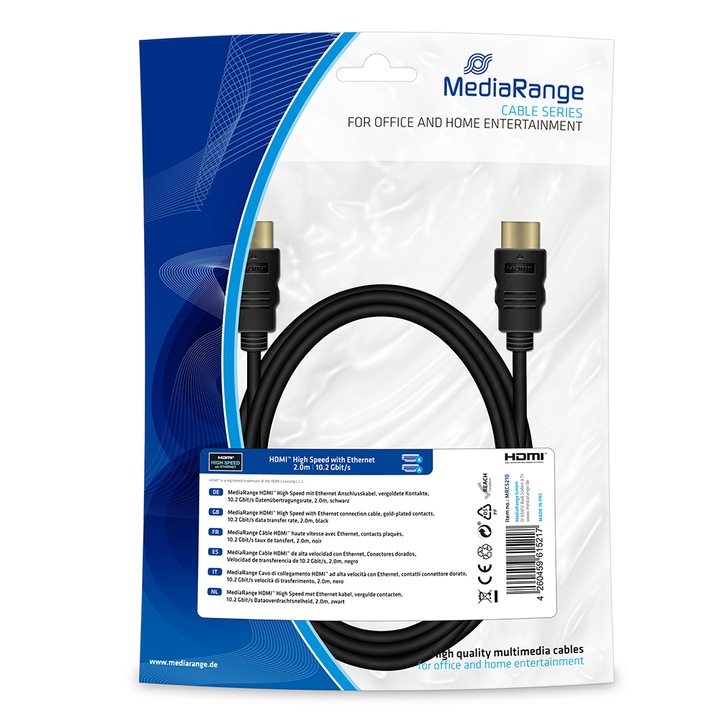 Cablu HDMI MediaRange, de mare viteza, 2 m, 10.2 Gb/s, Ethernet, Negru