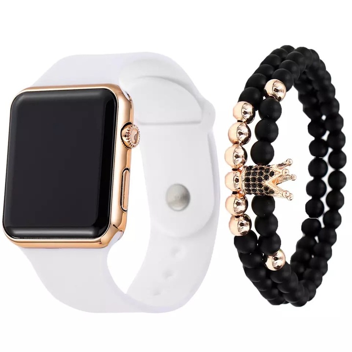 Комплект дигитален часовник с led и две корони модел гривни с камъни циркон, кварцов механизъм, силиконова каишка, унисекс, Tessero, розово злато
