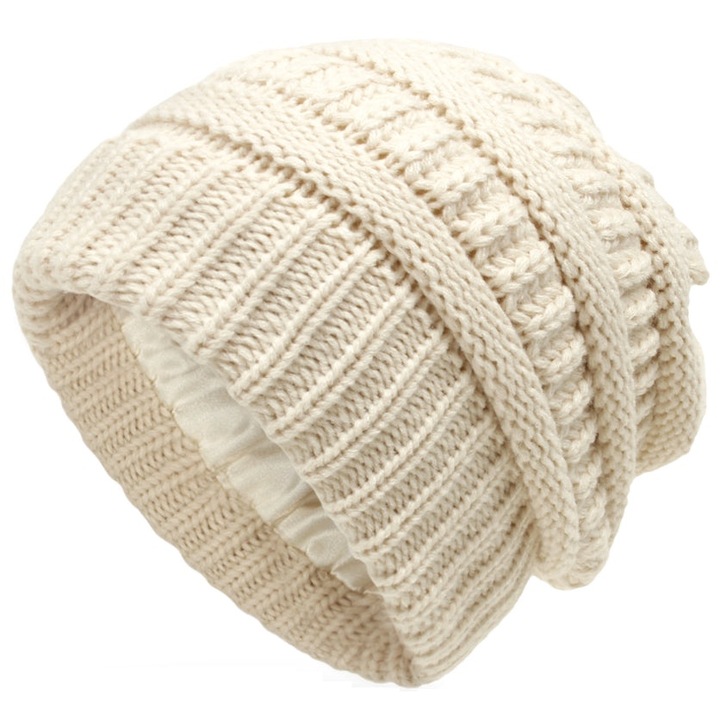 Kötött téli sapka szatén belsővel a haj védelméért, Bézs, Egy méret