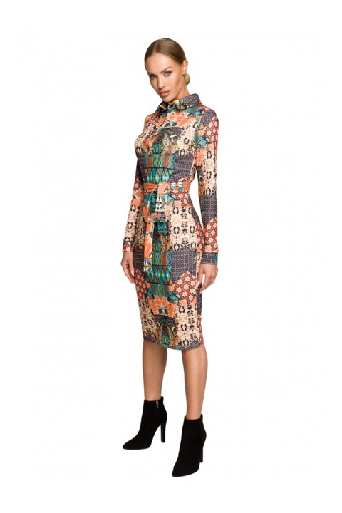 Дамска рокля MOE, С ръкави, Полиестер, Еластан, Многоцветна.1