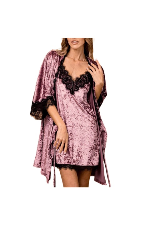 Set pijamale dama Celia, Catifea/Dantela, Roz, S
