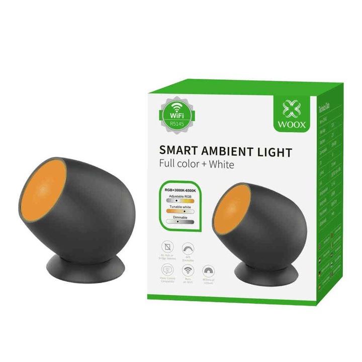 Lumina de noapte, Woox, Smart Home R5145, 2,2 W, 210 Lumen, 3000K-6500K, RGB+CCT, Wi-Fi, 25000h, Negru