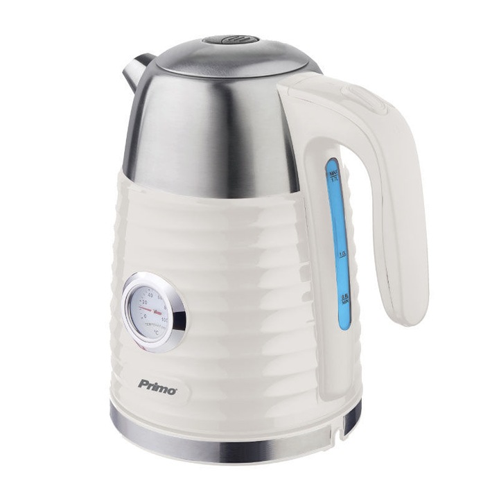 Fierbator cu afisaj analogic, Primo, PRCK-40389, Otel inoxidabil, 1.7L, 2200W, Alb fildes/Argintiu