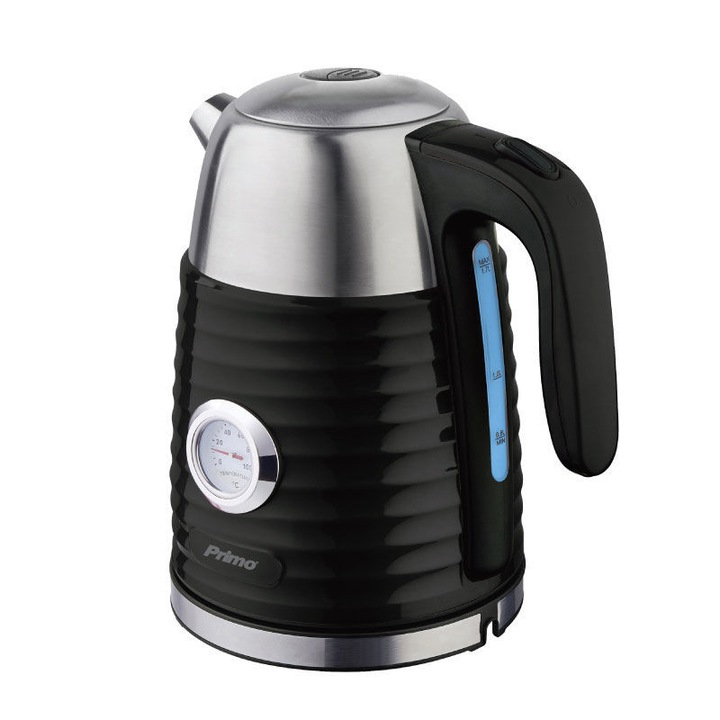 Fierbator cu afisaj analogic, Primo, PRCK-40388, Otel inoxidabil, 1.7L, 2200W, Negru/Argintiu