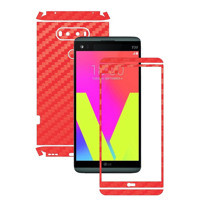 Folie de protectie Full Body Carbon Skinz, Acoperire Totala, Carbon Rosu pentru LG V20