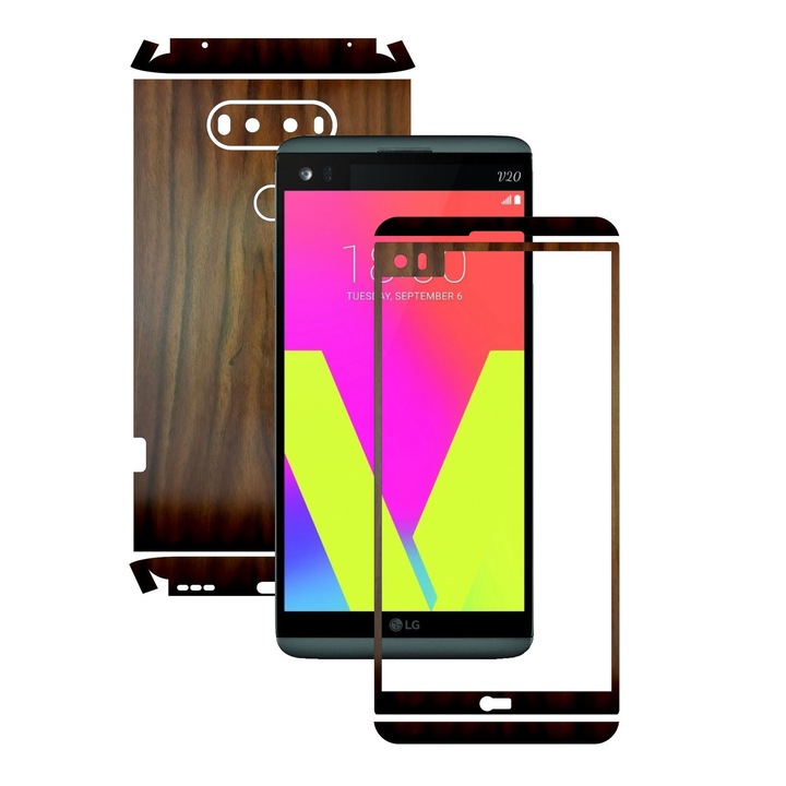 Folie de protectie Full Body Carbon Skinz, Acoperire Totala, Lemn Nuc Inchis pentru LG V20