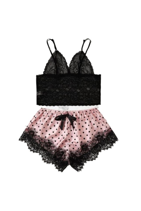 Set pijamale dama Zoe, Poliester/Elastan, Negru/Roz, Marime universala